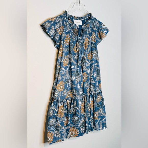 Cleobella Lydia Blue Gold Organic Cotton Flutter Sleeve Mini Babydoll Dress - Picture 6 of 16